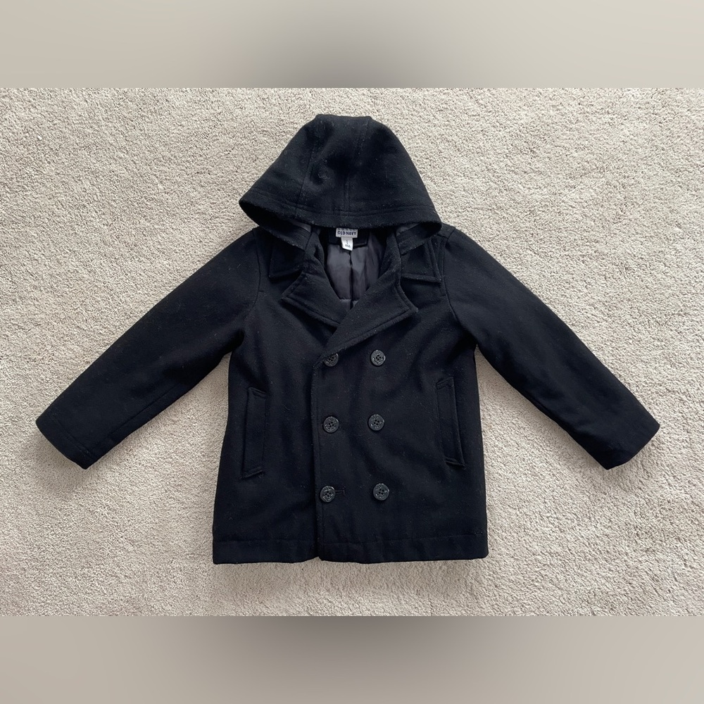 Old Navy Girls Black Part Wool Peacoat Hood Pockets Small 6 7 8 Dressy Jacket